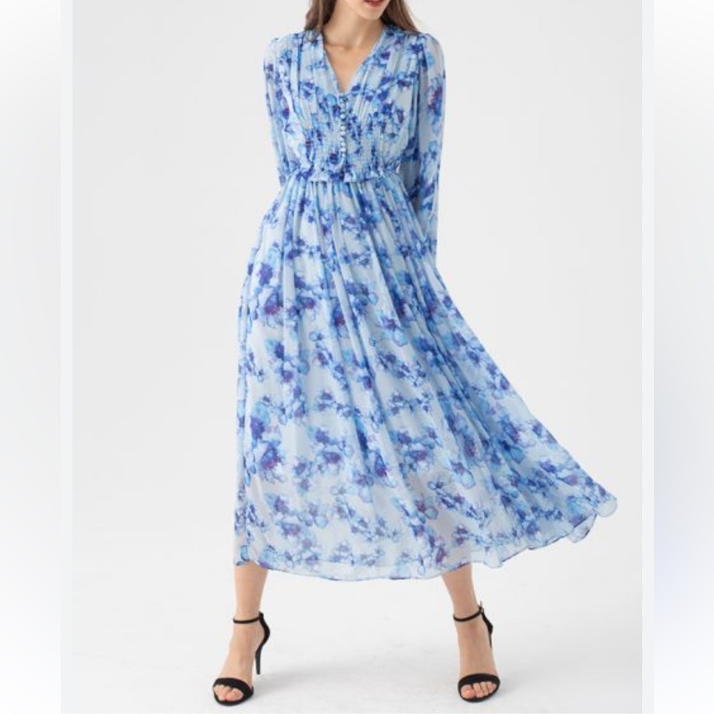 Beulah Style Blue Floral Shirred Sheer Maxi Dress Small - Picture 1 of 12
